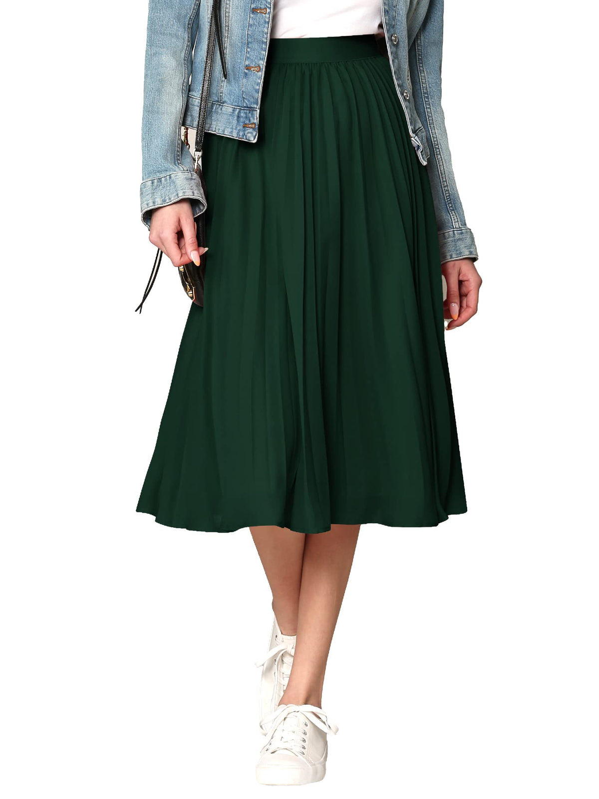 Made By Johnny Women's High Elastic Waist Pleated Mid A-Line Swing Skirt