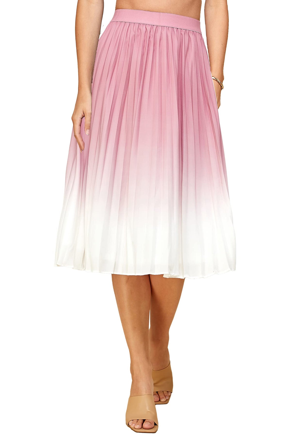 Made By Johnny Women's High Elastic Waist Pleated Mid A-Line Swing Skirt