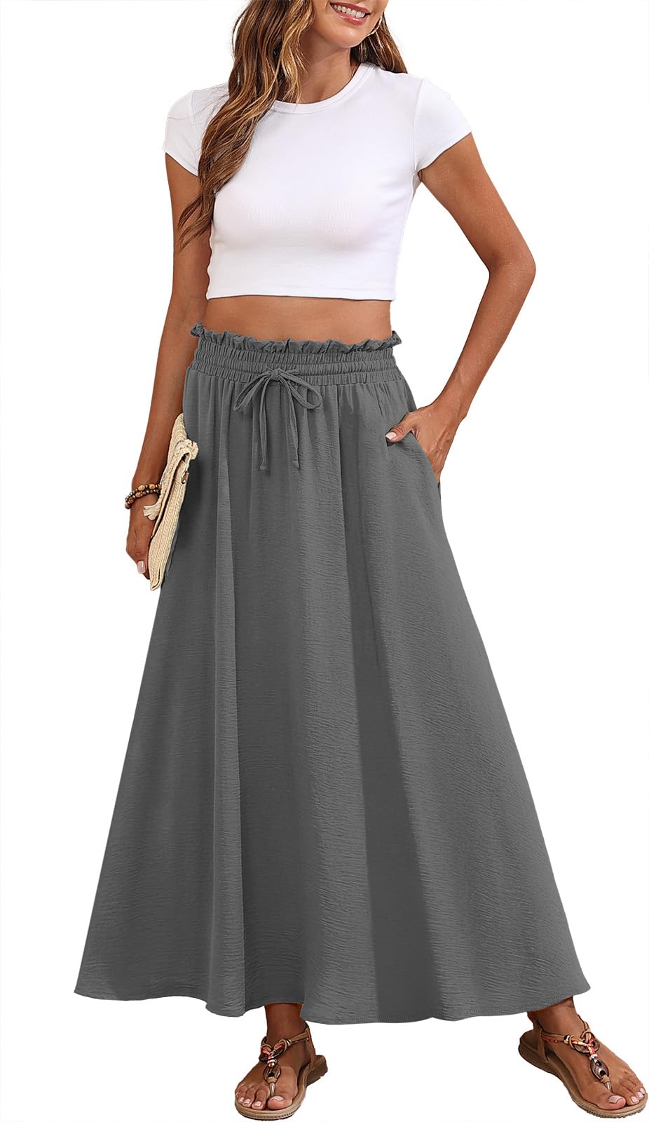 Askyes Womens Maxi Skirt Summer Tie Knot Elastic High Waisted Boho Casual Beach Flowy Swing Long Skirts with Pockets