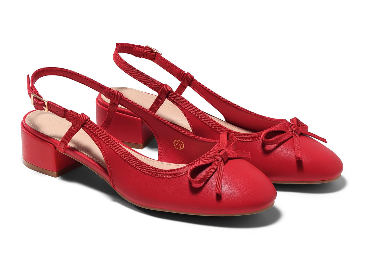 Coutgo Womens Chunky Low Heels Slingback Ballet Bow Pumps Closed Toe Wedding Dress Shoes