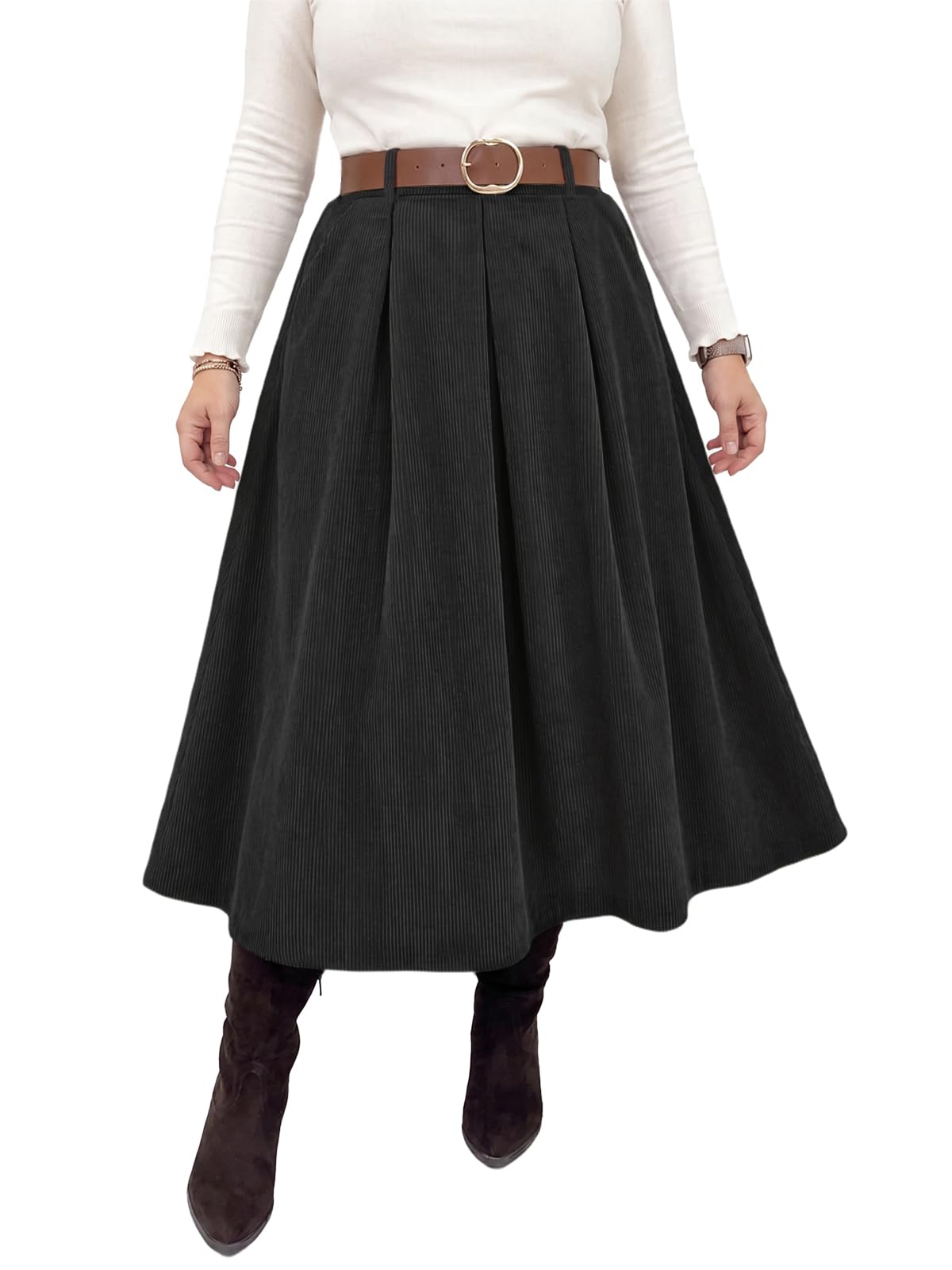 Beautife Womens Plus Size Corduroy A-Line Pleated Skirt with Pockets