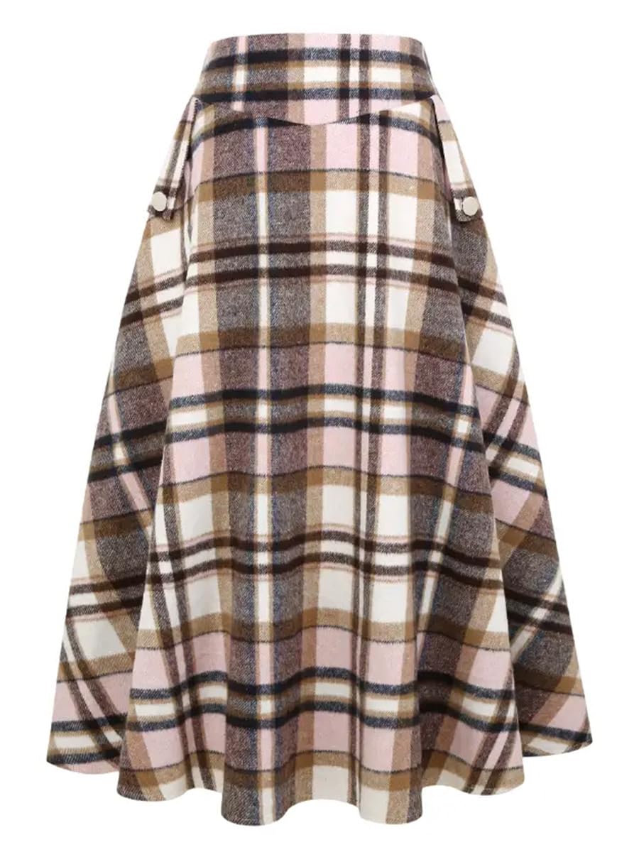 IDEALSANXUN Women’s Fall Winter High Waisted Wool Plaid A-line Long Skirt