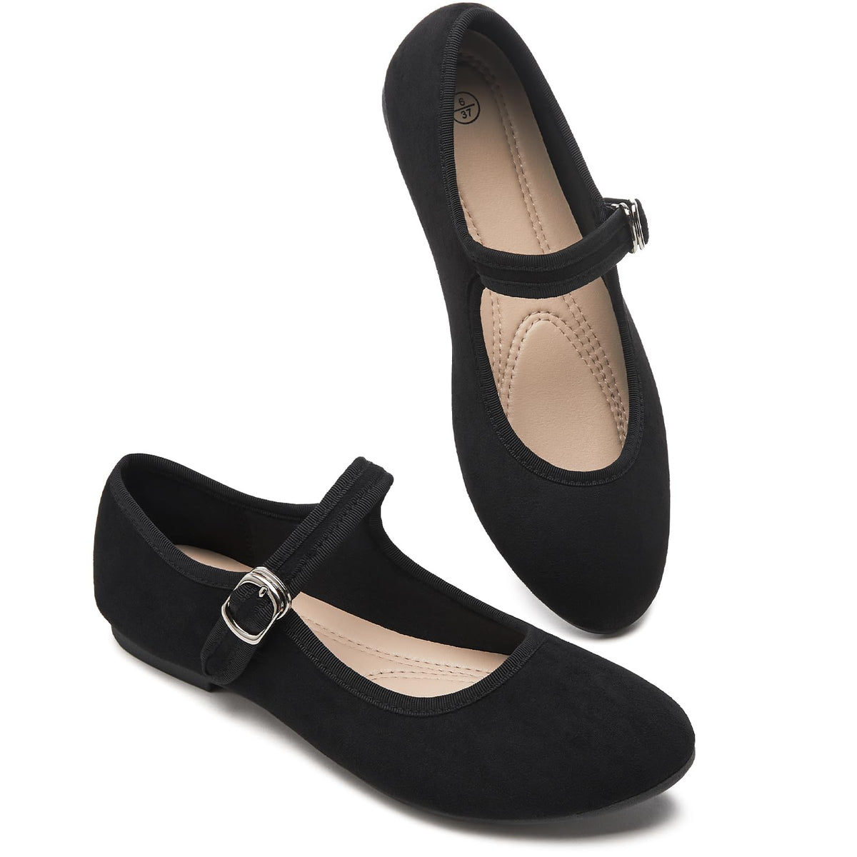Womens Mary Jane Flats with strap,Faux Suede Black Flats,Casual Dressy Flat