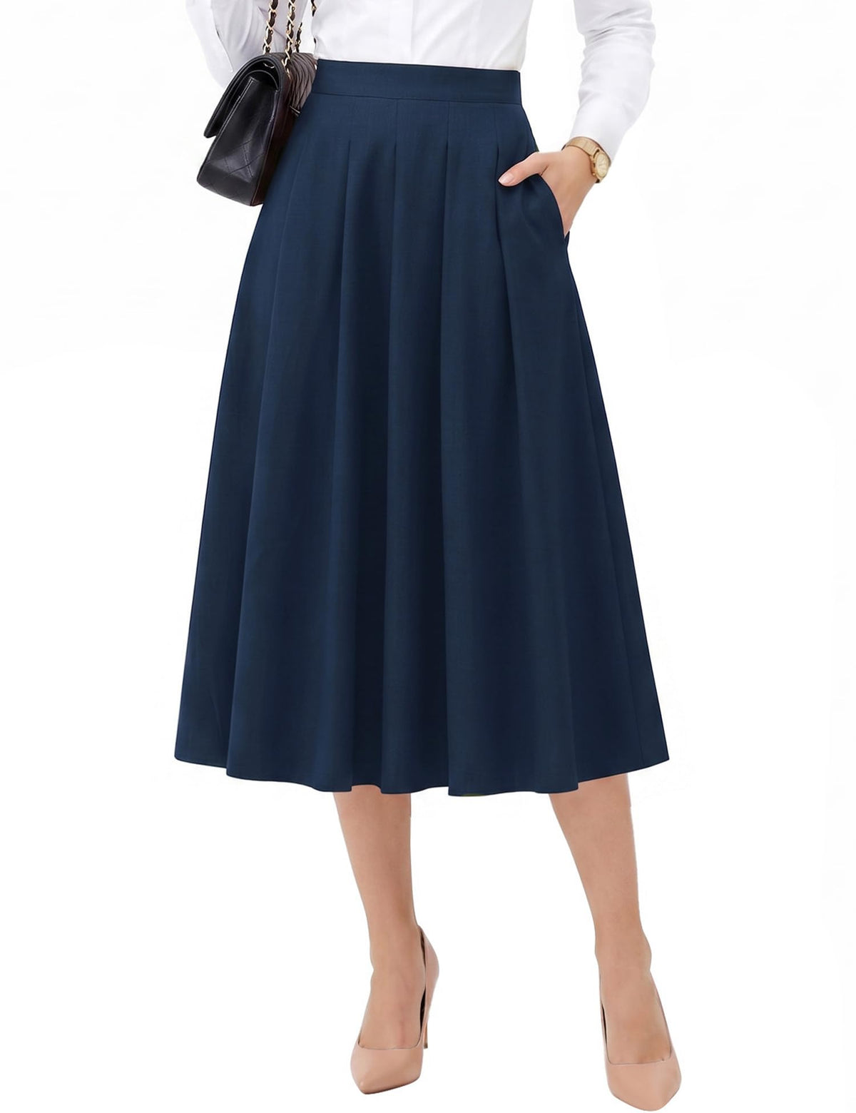 Dressystar Pleated Midi Skirts for Women Business Work with Pockets