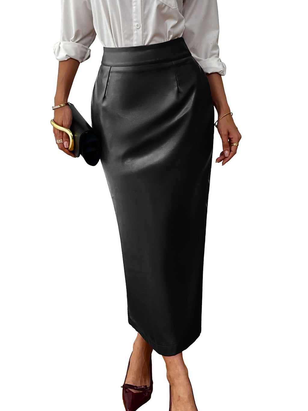 ELLEVEN Stretch Pencil Leather Midi Skirt with Pockets