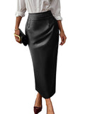 ELLEVEN Stretch Pencil Leather Midi Skirt with Pockets