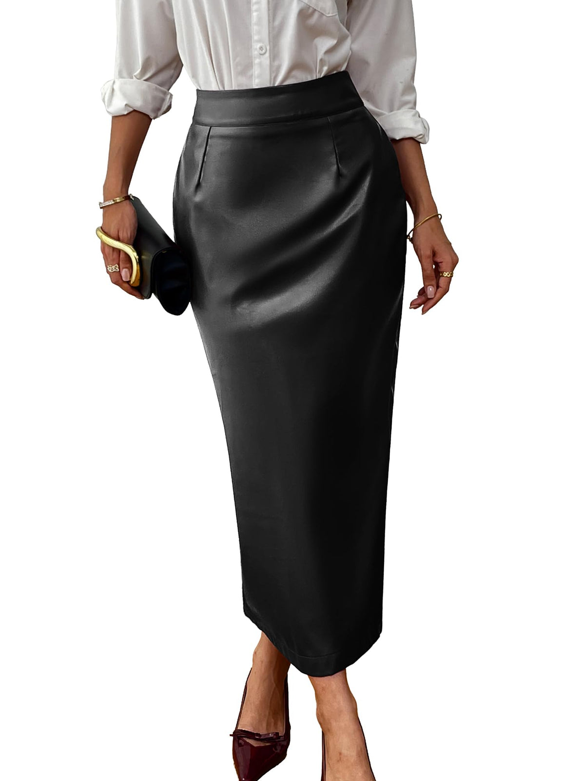 ELLEVEN Stretch Pencil Leather Midi Skirt with Pockets