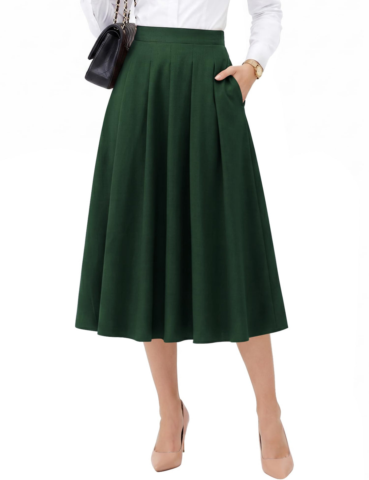 Dressystar Pleated Midi Skirts for Women Business Work with Pockets