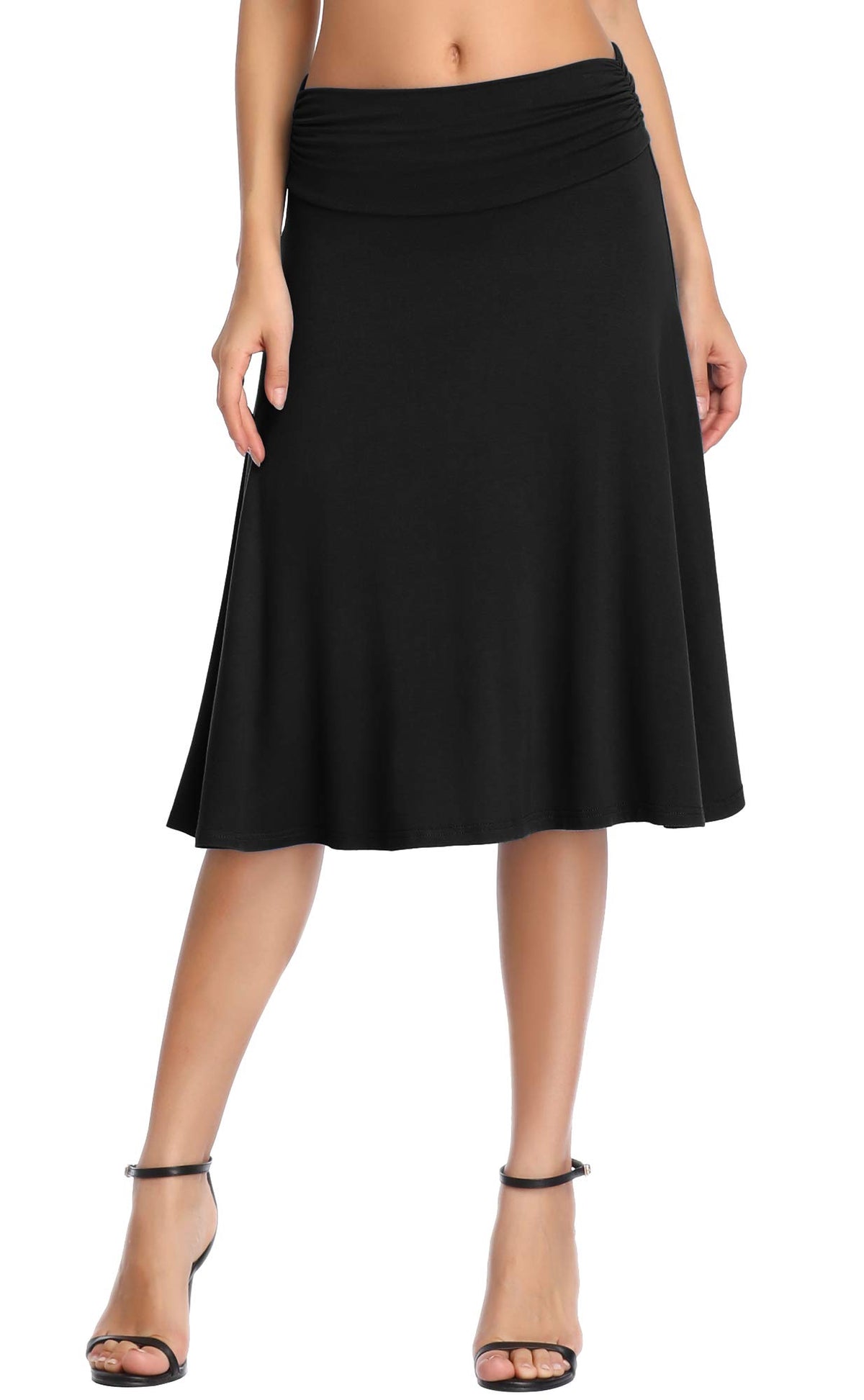 Urban CoCo Women's Ruched High Waist Knee Length Jersey A-Line Stretchy Flared Casual Skirt
