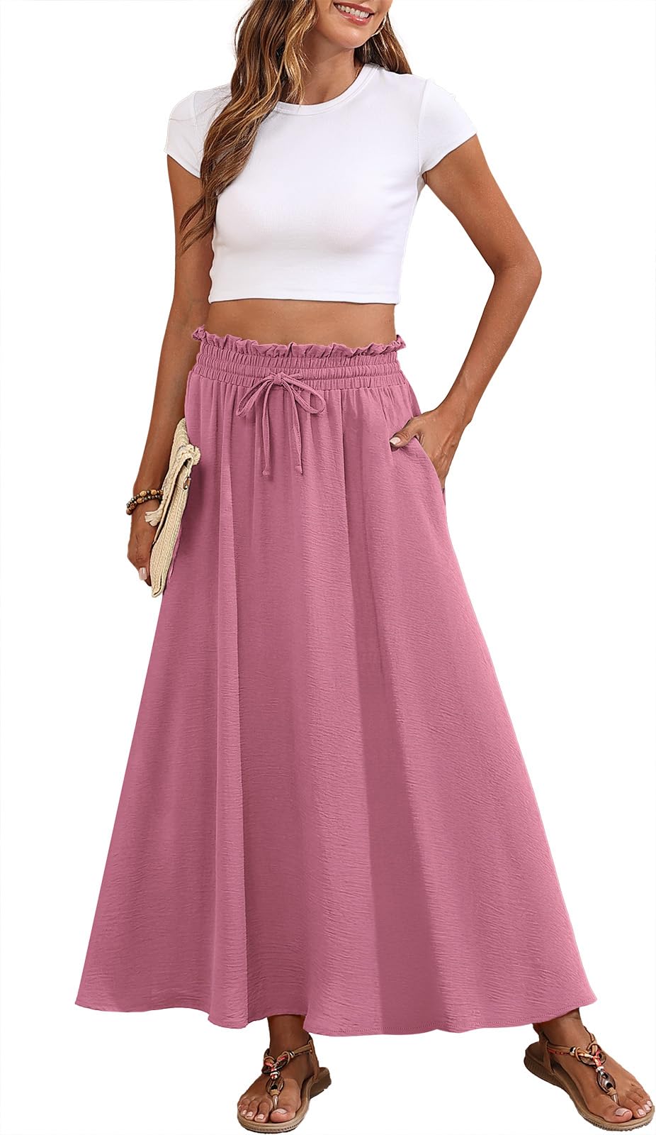 Askyes Womens Maxi Skirt Summer Tie Knot Elastic High Waisted Boho Casual Beach Flowy Swing Long Skirts with Pockets