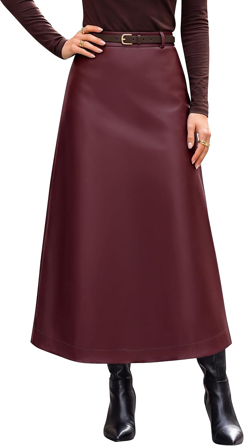 Blooming Jelly Womens Faux Leather Midi Skirt High Waisted A-Line Back Slit