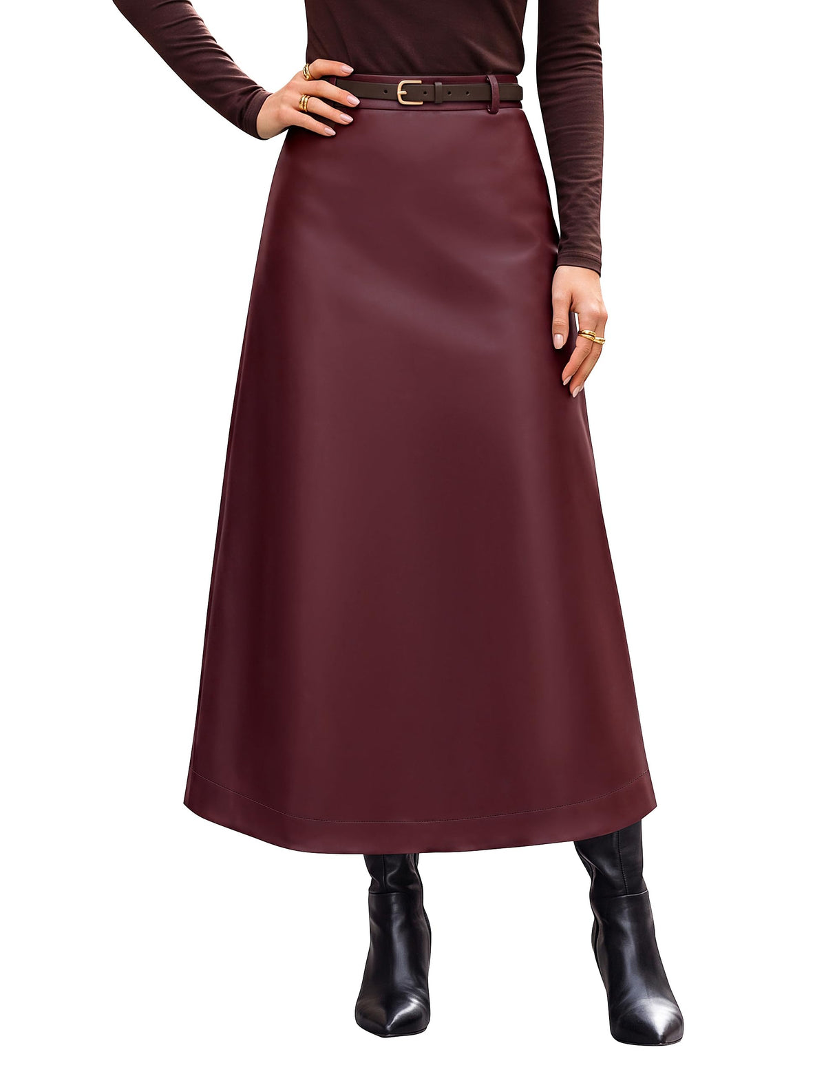 Blooming Jelly Womens Faux Leather Midi Skirt High Waisted A-Line Back Slit