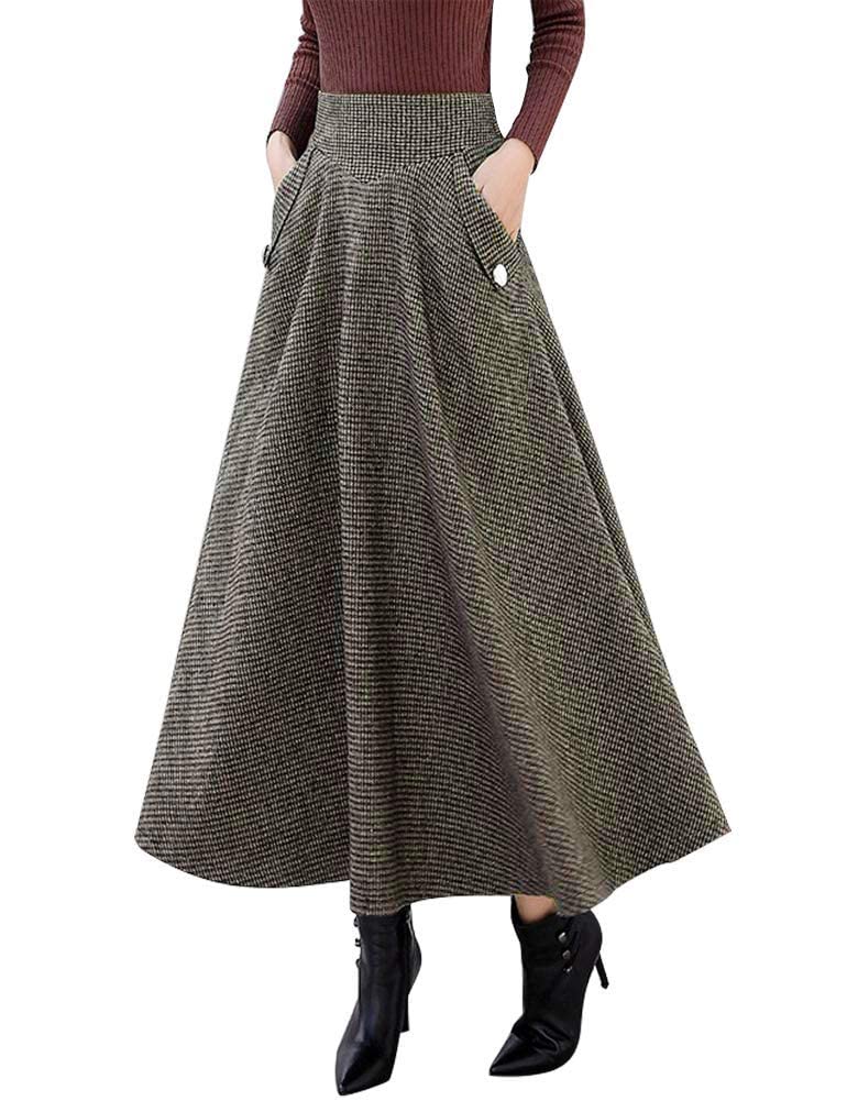 IDEALSANXUN Women’s Fall Winter High Waisted Wool Plaid A-line Long Skirt