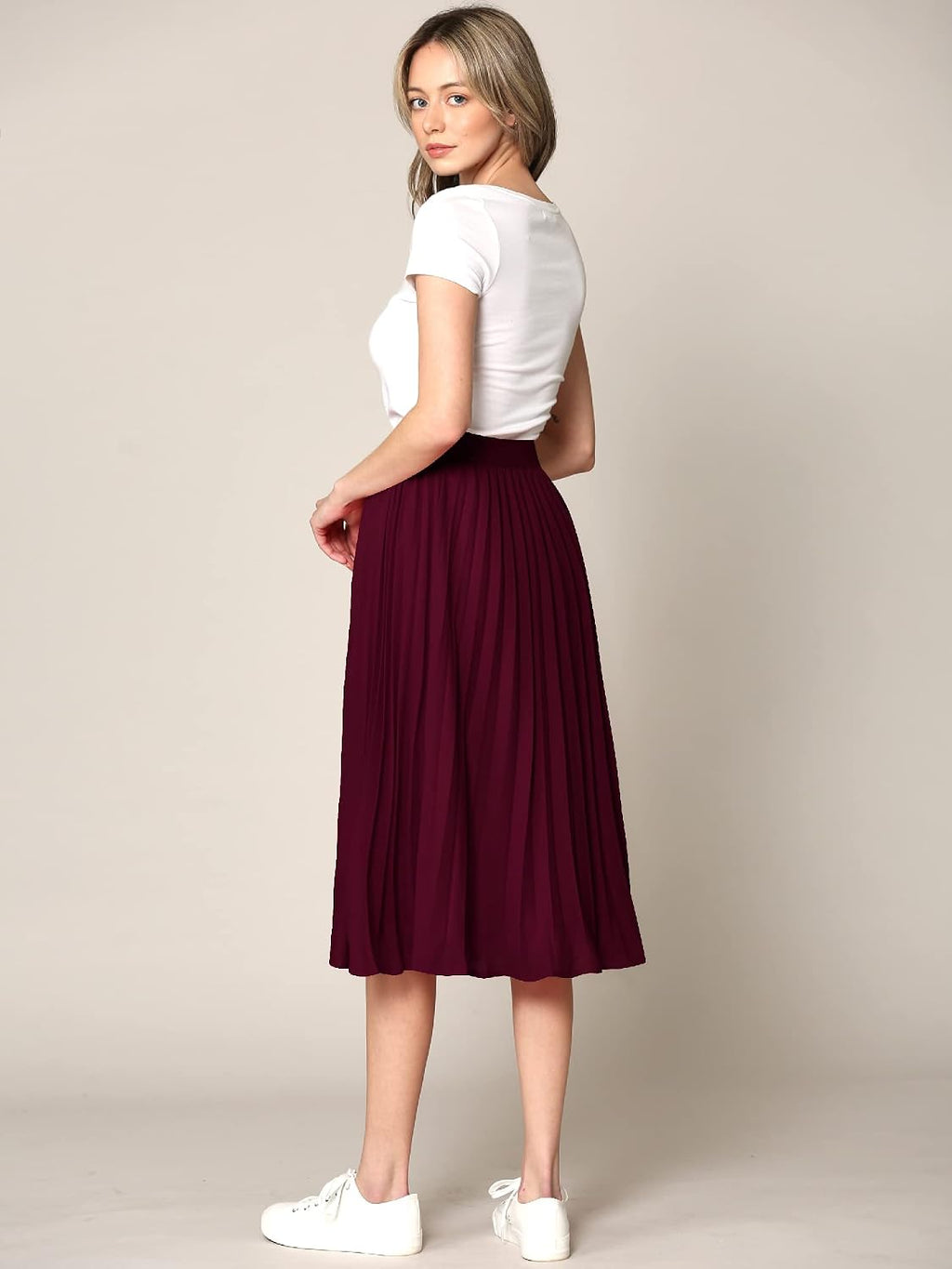 Made By Johnny Women's High Elastic Waist Pleated Mid A-Line Swing Skirt
