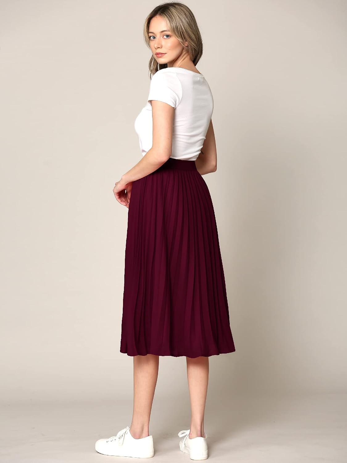 Made By Johnny Women's High Elastic Waist Pleated Mid A-Line Swing Skirt