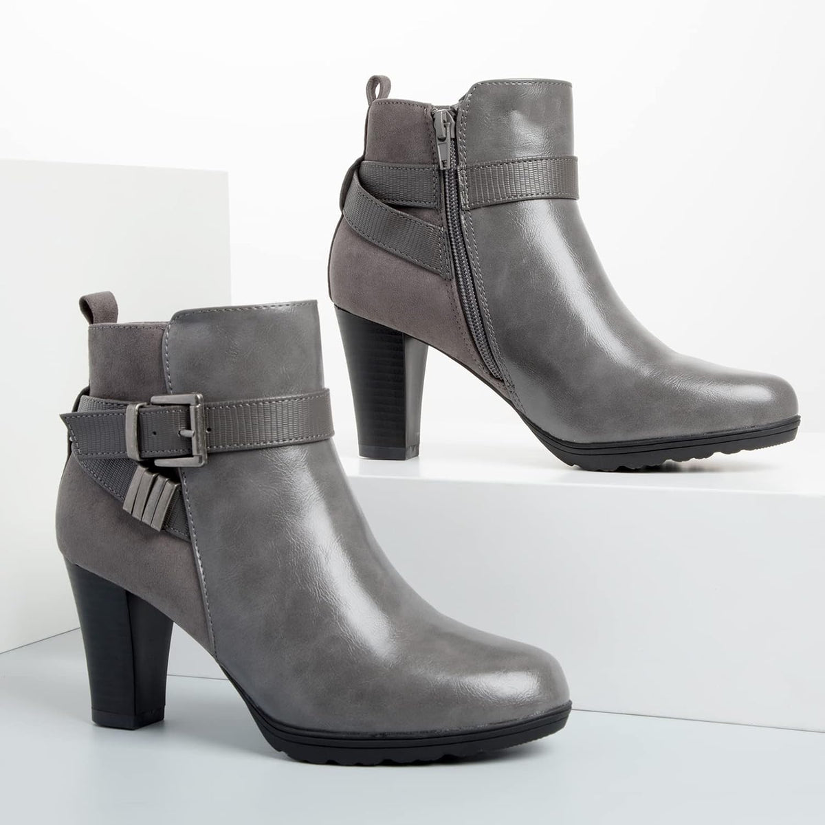 mysoft Women's Chunky Stacked Heel Ankle Boots Zipper Buckle Booties