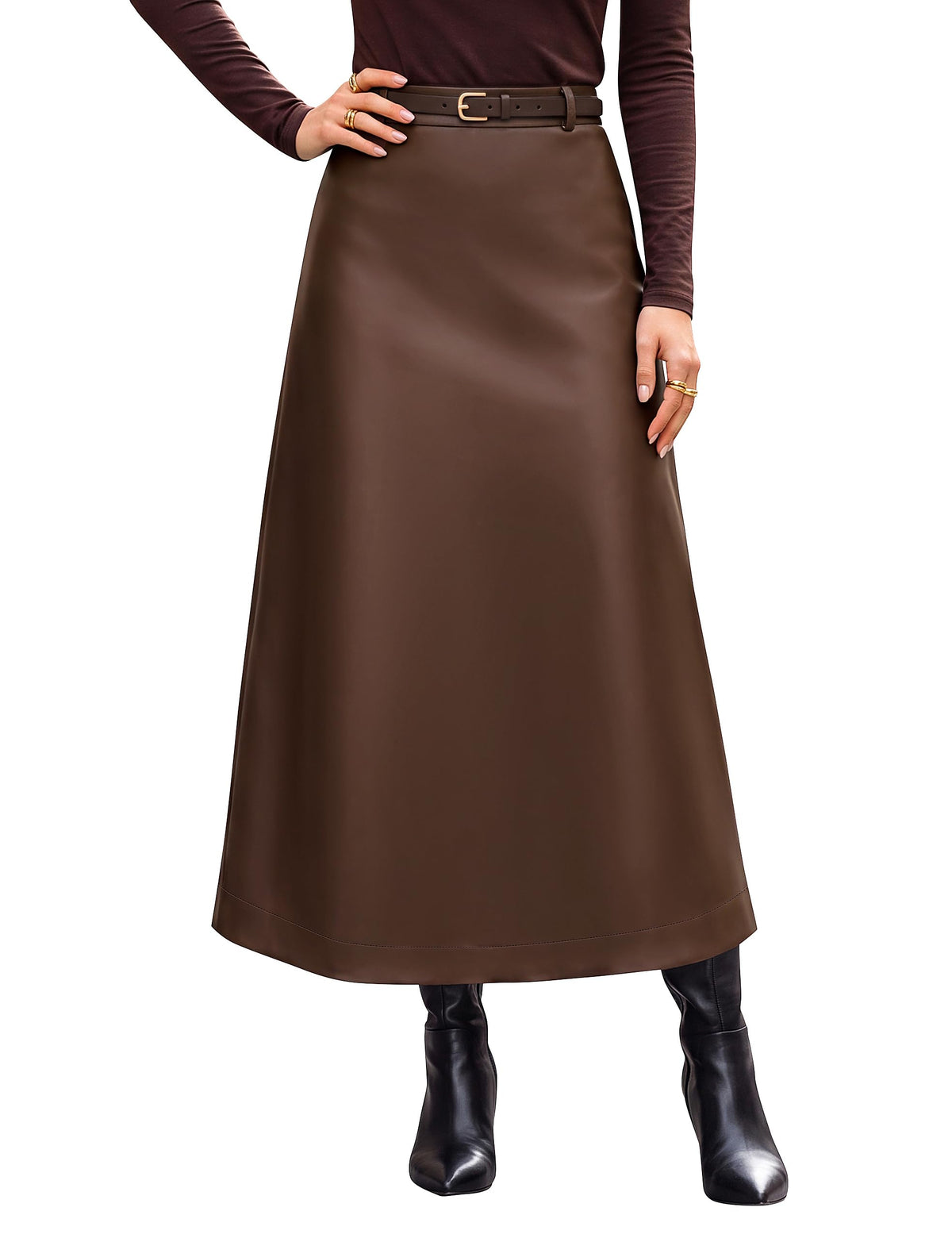 Blooming Jelly Womens Faux Leather Midi Skirt High Waisted A-Line Back Slit