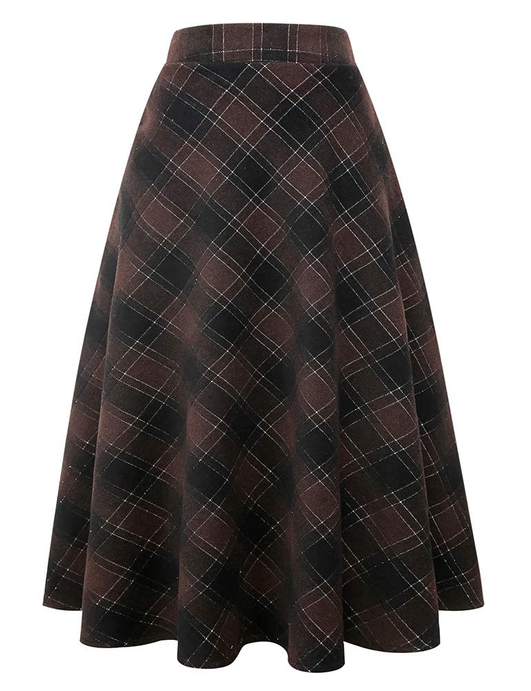 IDEALSANXUN Womens Plaid Wool Skirts Elastic Waist A-Line Pleated Tartan Long Skirts