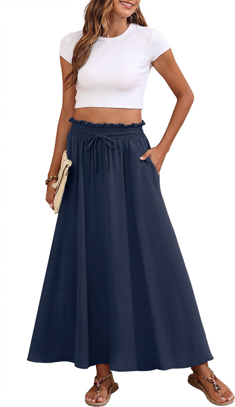 Askyes Womens Maxi Skirt Summer Tie Knot Elastic High Waisted Boho Casual Beach Flowy Swing Long Skirts with Pockets