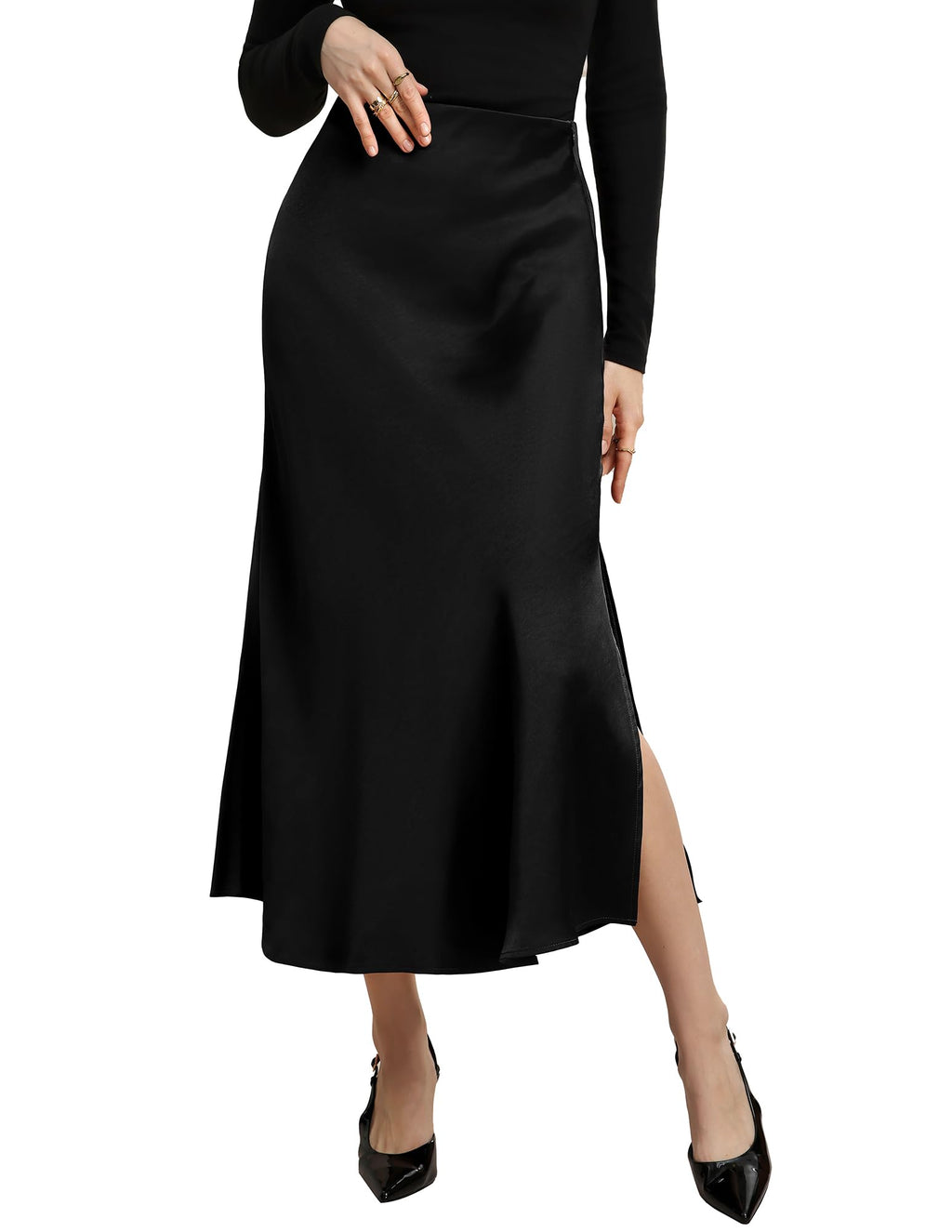 Kate Kasin Women Satin Midi Skirts, High Waisted Silk Flowy Fishtail Skirt