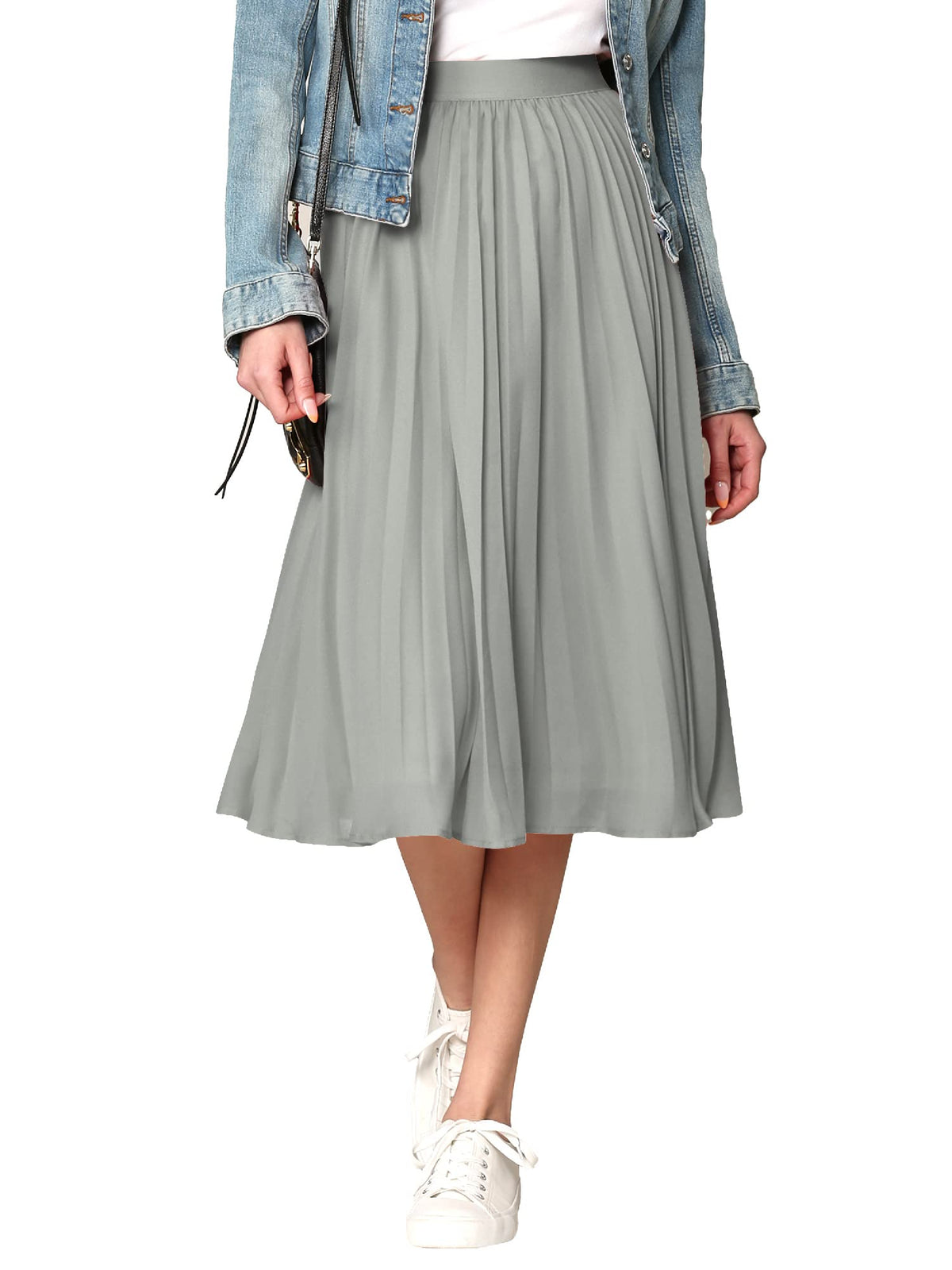 Made By Johnny Women's High Elastic Waist Pleated Mid A-Line Swing Skirt