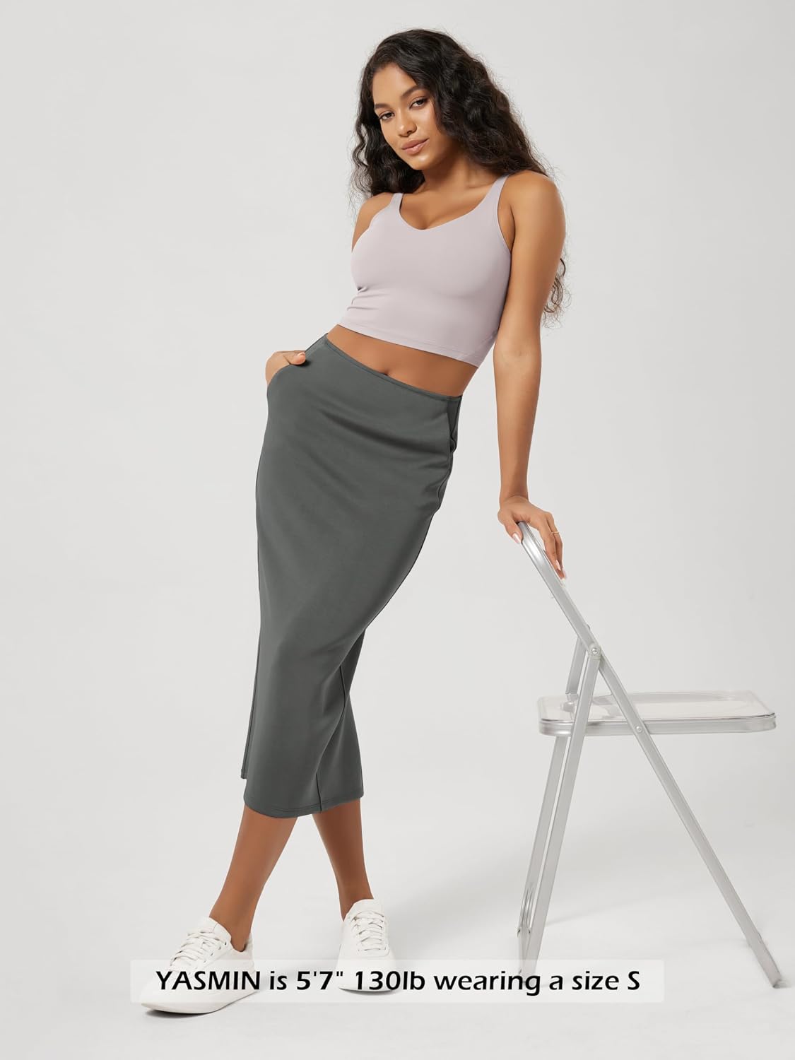 ODODOS Modal Soft Midi Skirt for Women Back Slit High Waist Casual Long Pencil Skirts with Pockets