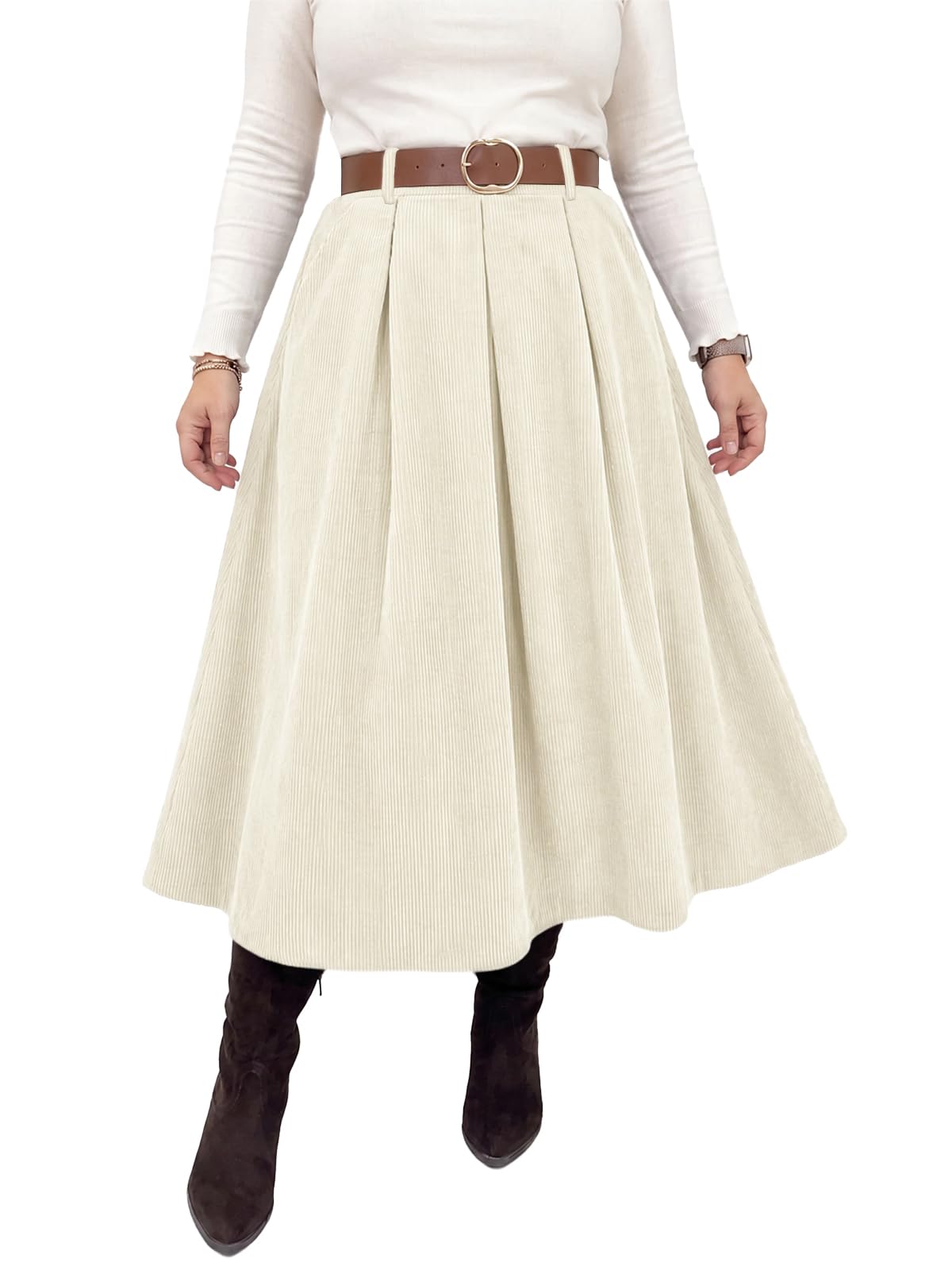 Beautife Womens Plus Size Corduroy A-Line Pleated Skirt with Pockets
