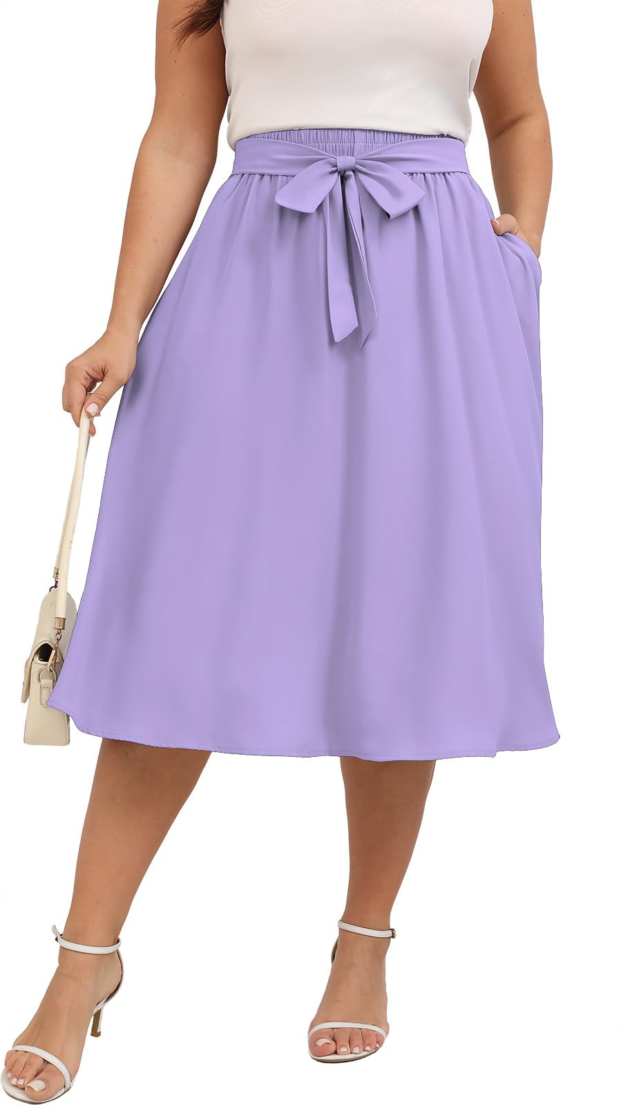 Xpenyo Womens Plus Size Midi Skirts Summer Elastic High Waisted Boho Casual Beach Flowy Swing Knee Length Skirts with Pockets