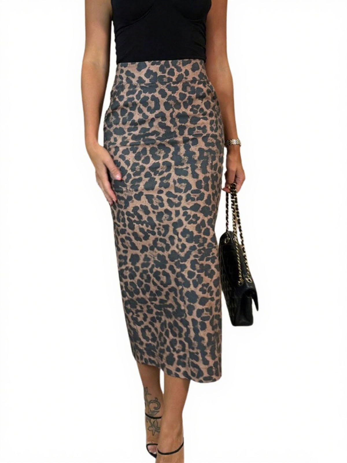 utcoco Womens Long Faux Leather Skirt Bodycon High Waist Slim Pencil Midi Skirt
