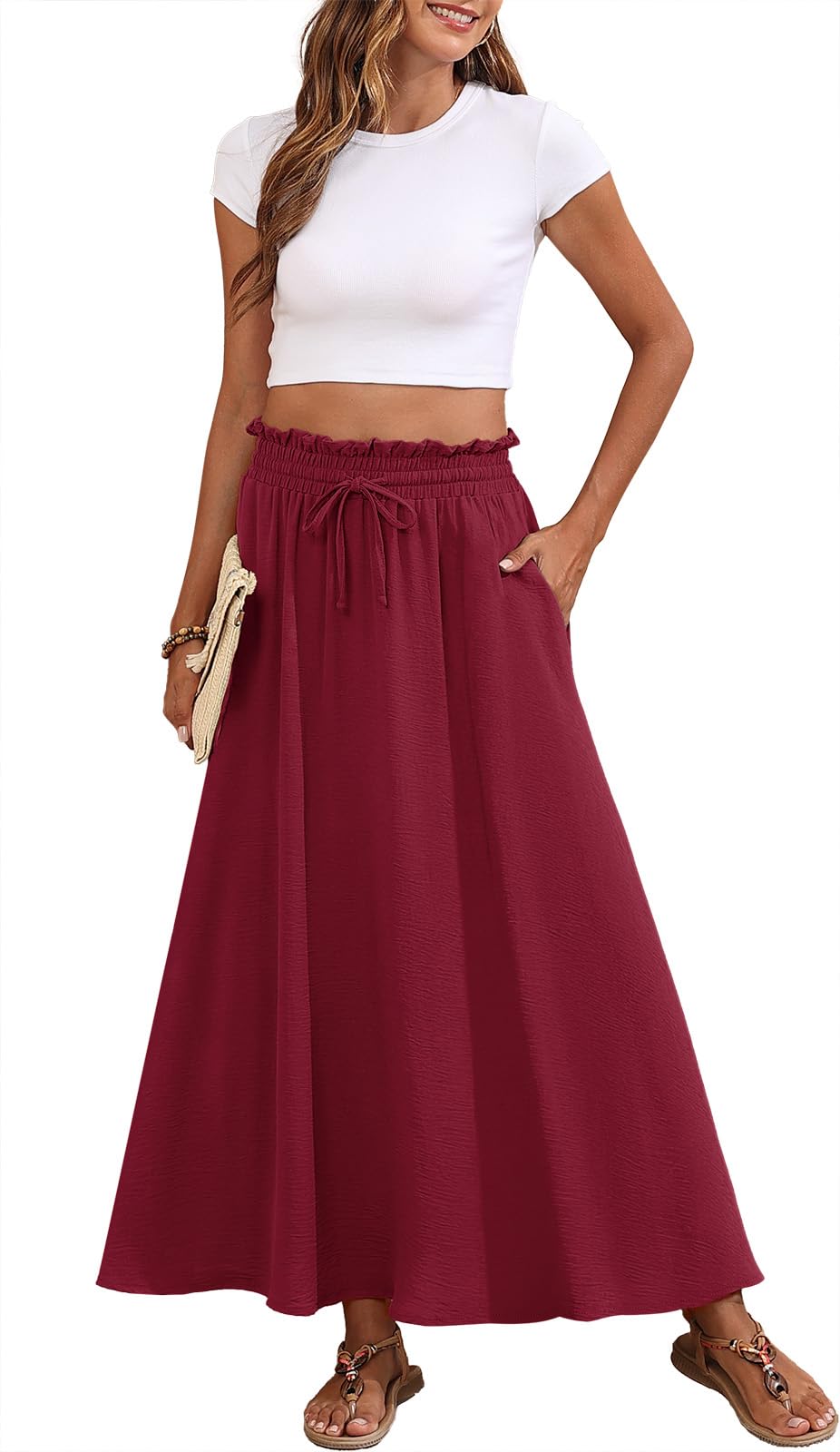 Askyes Womens Maxi Skirt Summer Tie Knot Elastic High Waisted Boho Casual Beach Flowy Swing Long Skirts with Pockets