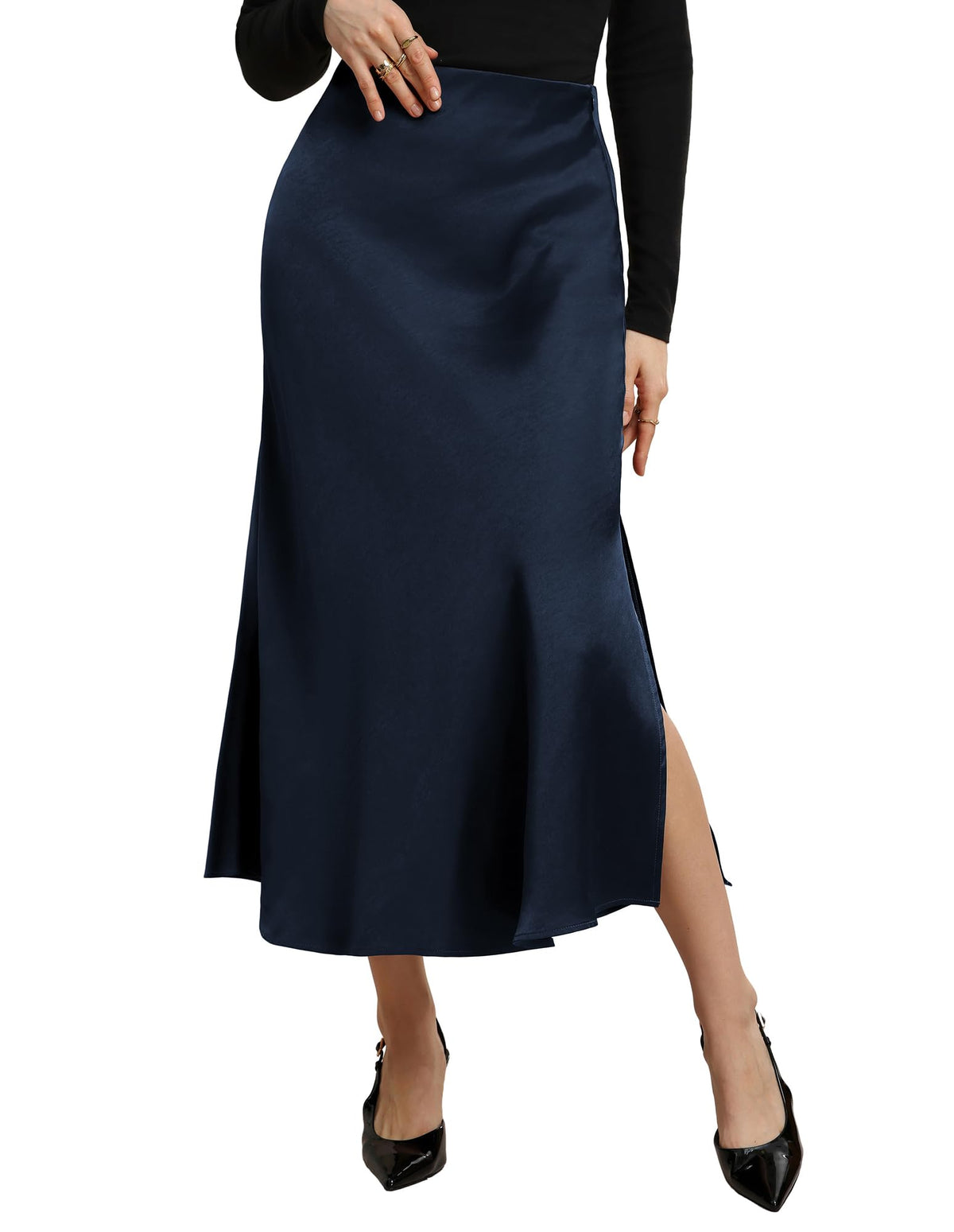Kate Kasin Women Satin Midi Skirts, High Waisted Silk Flowy Fishtail Skirt