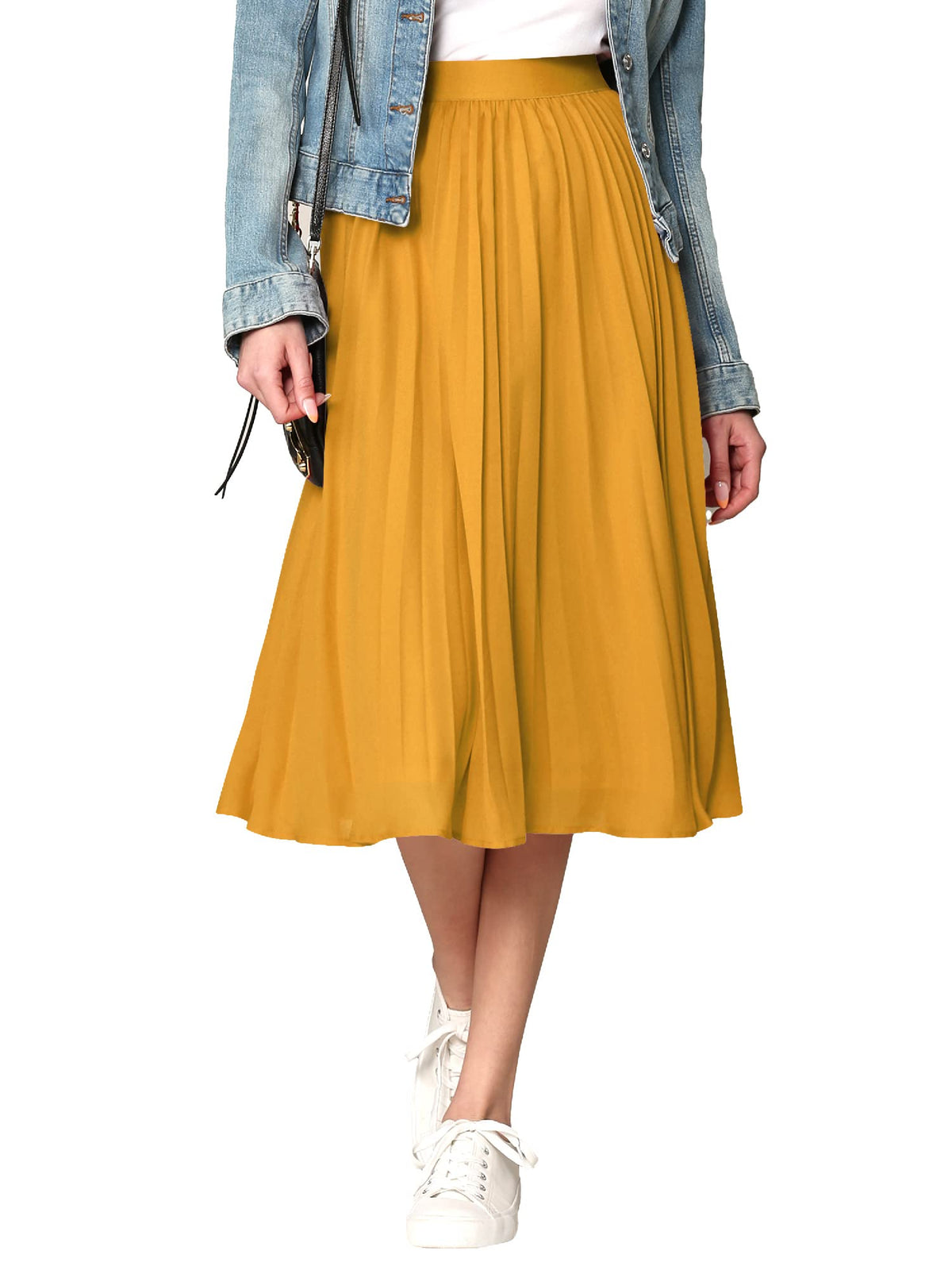 Made By Johnny Women's High Elastic Waist Pleated Mid A-Line Swing Skirt