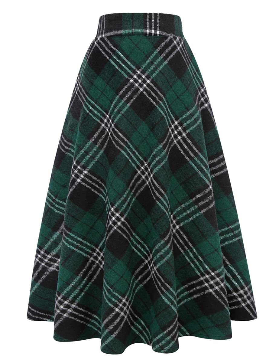 IDEALSANXUN Womens Plaid Wool Skirts Elastic Waist A-Line Pleated Tartan Long Skirts