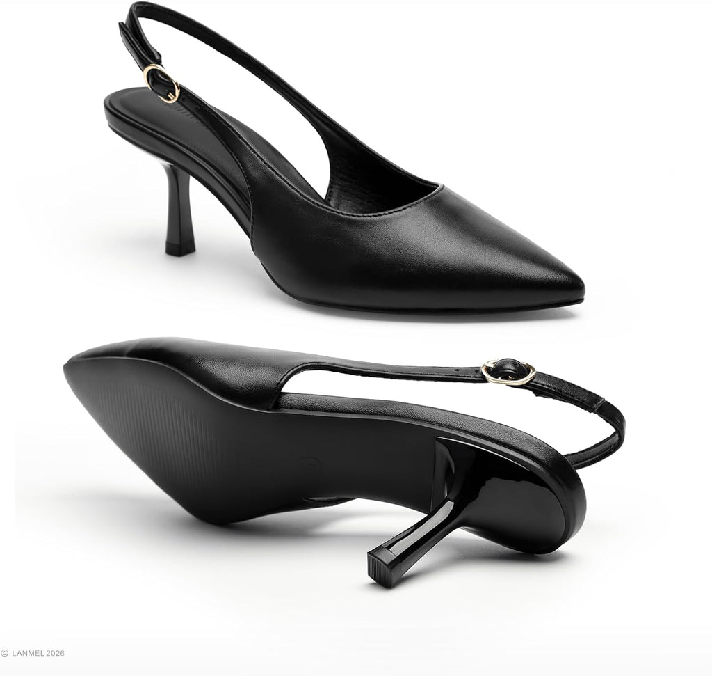 LANMEL Women's Slingback Kitten HeelsPointed Closed Toe Pumps Shoes Black