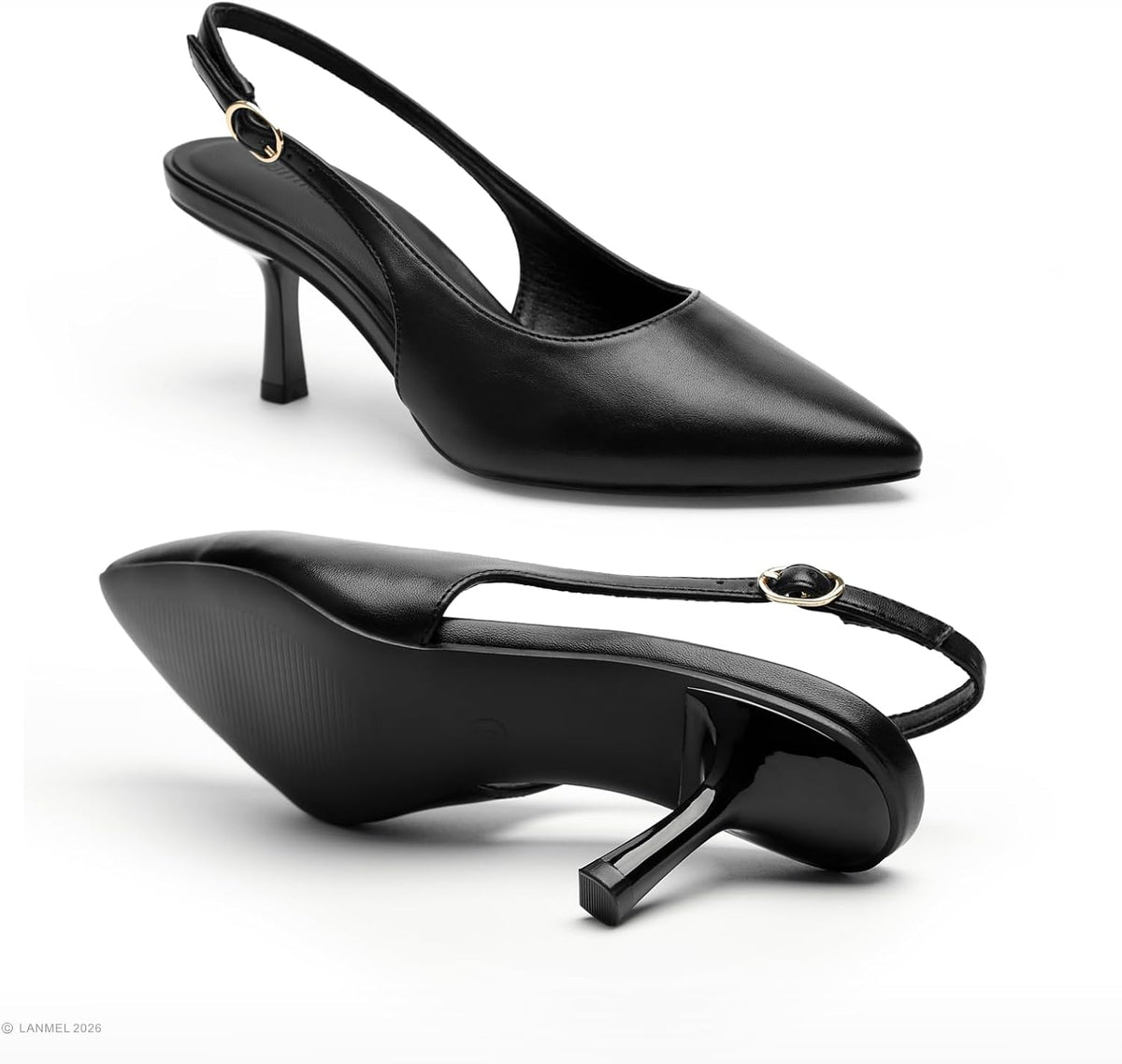 LANMEL Women's Slingback Kitten HeelsPointed Closed Toe Pumps Shoes Black