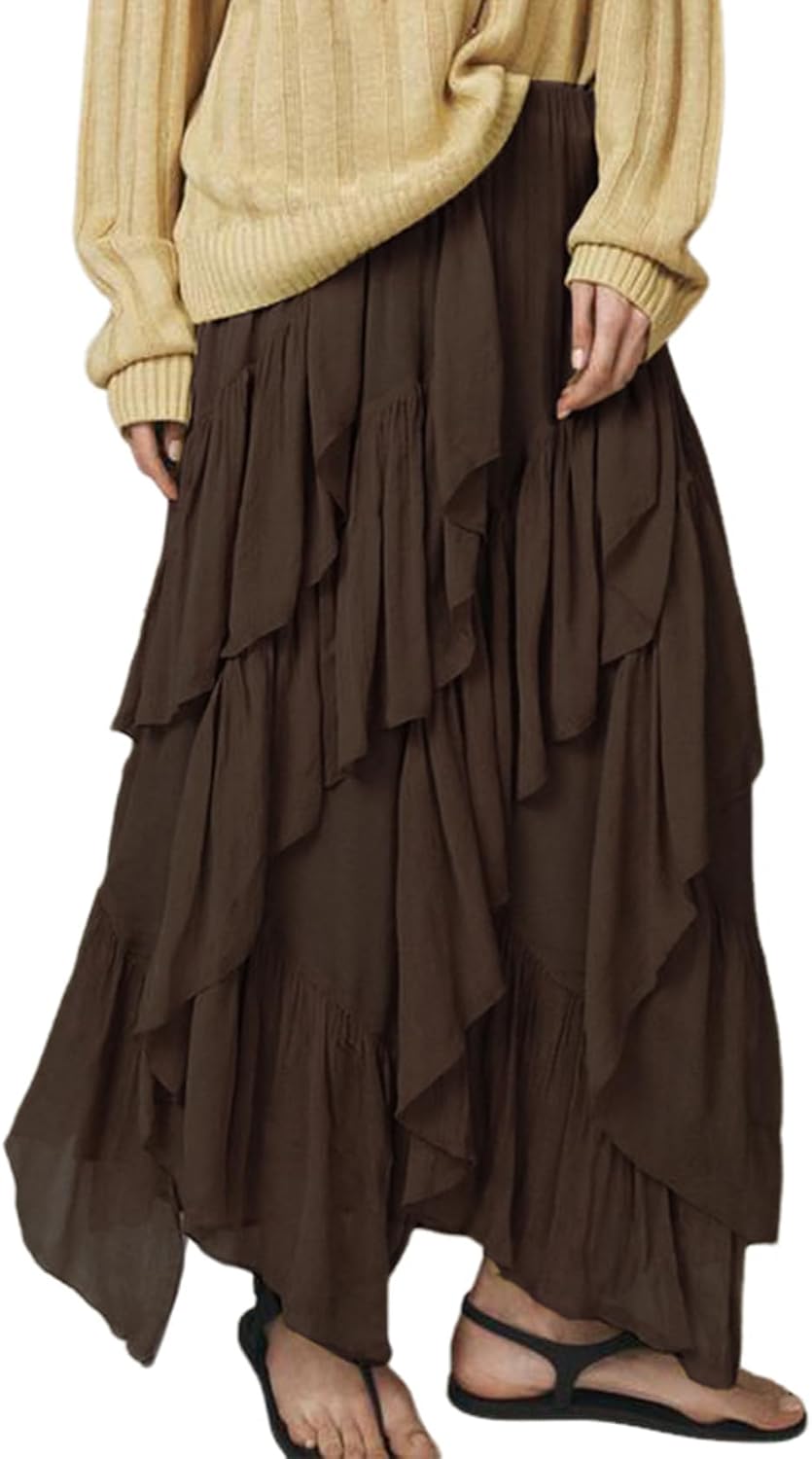 Women's Ruffle Maxi Skirt Long Flowy Layered Skirts Tiered Trendy Skirt