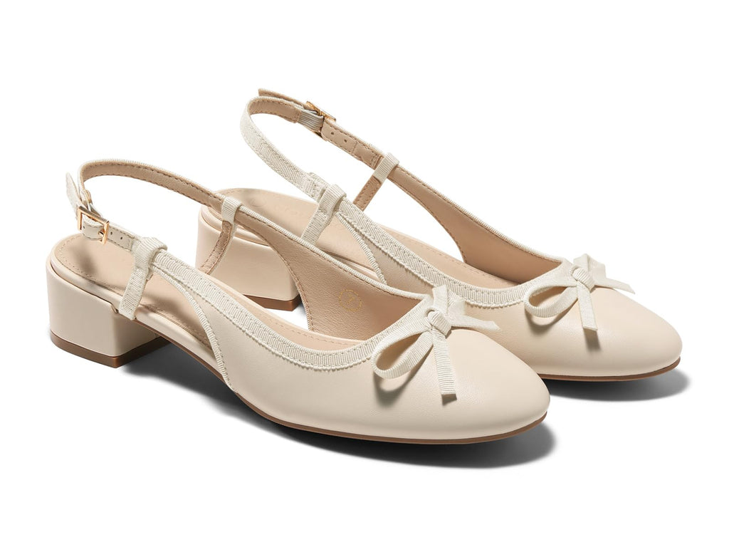 Coutgo Womens Chunky Low Heels Slingback Ballet Bow Pumps Closed Toe Wedding Dress Shoes