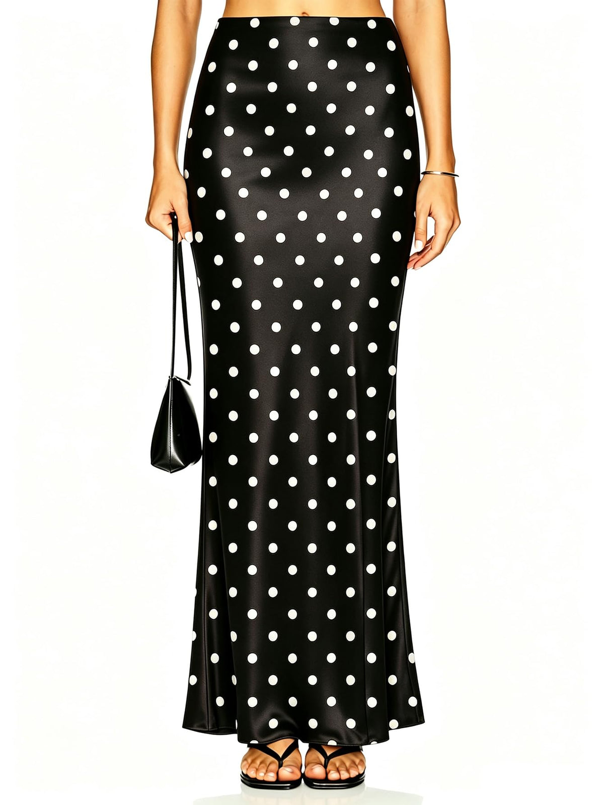 Women's Satin Silk Maxi Skirt Polka Dots High Elastic Waisted Flowy Silk Long Skirts for Women