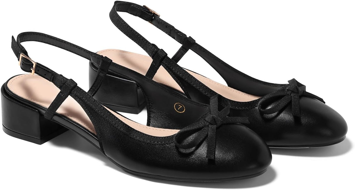 Coutgo Womens Chunky Low Heels Slingback Ballet Bow Pumps Closed Toe Wedding Dress Shoes