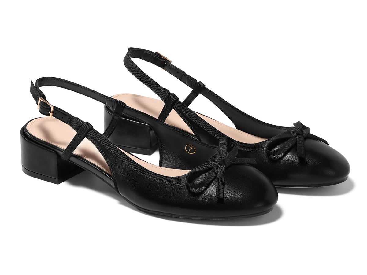 Coutgo Womens Chunky Low Heels Slingback Ballet Bow Pumps Closed Toe Wedding Dress Shoes