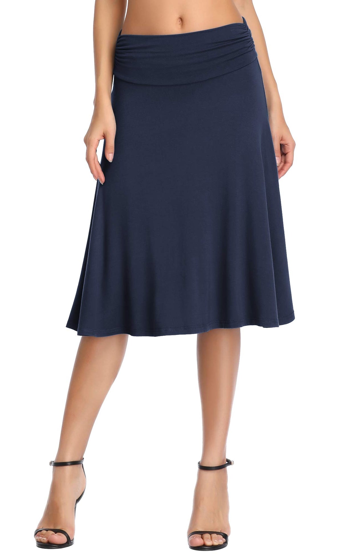 Urban CoCo Women's Ruched High Waist Knee Length Jersey A-Line Stretchy Flared Casual Skirt