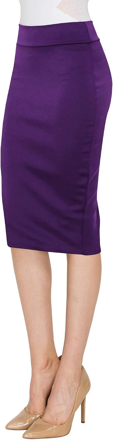 Made By Johnny Women's Premium Scuba Stretch High Waist Pencil Skirt Below Knee for Office Wear