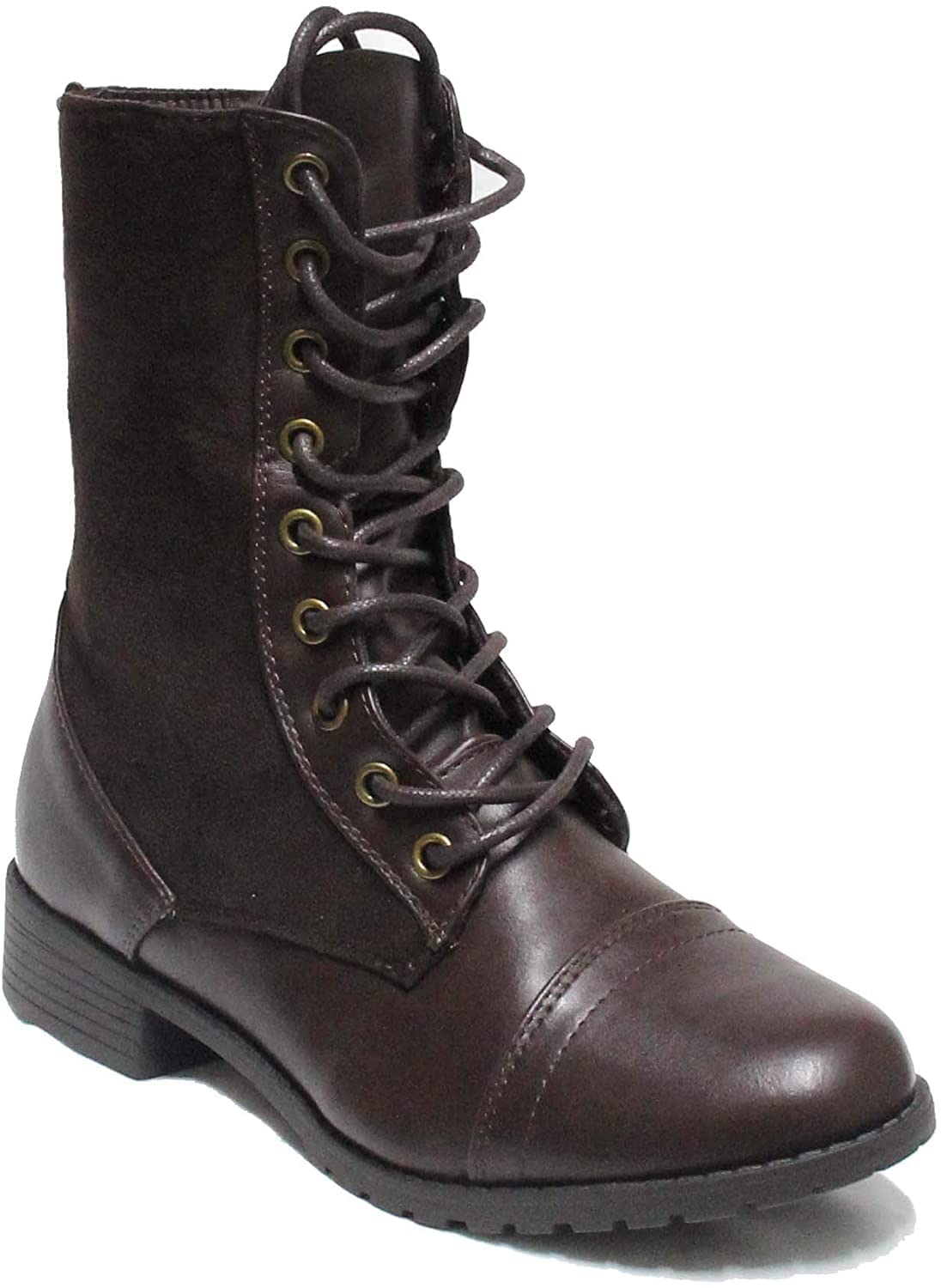 Forever Link Womens Round Toe Military Lace Up Knit Ankle Cuff Low Heel Combat Boots