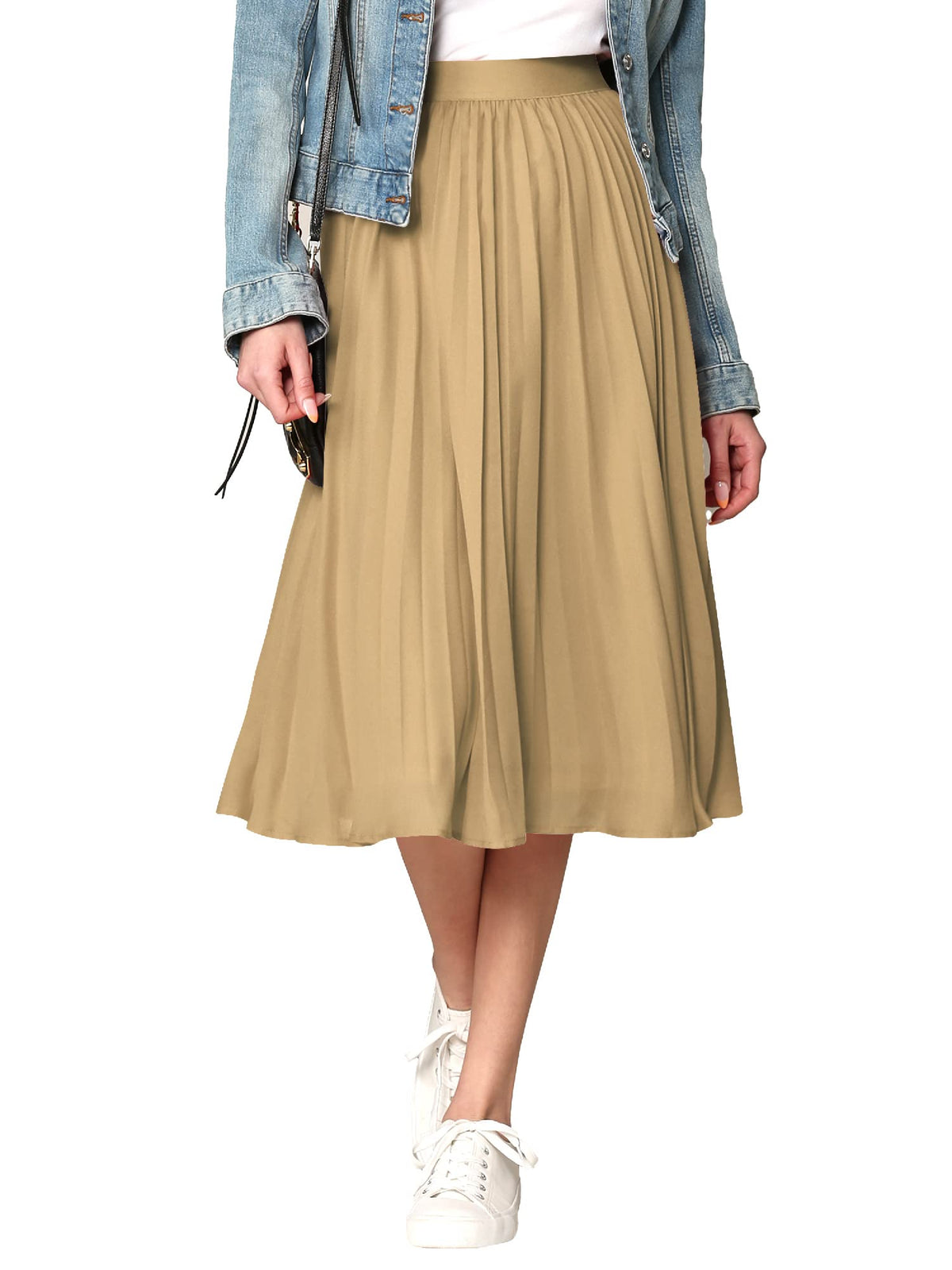 Made By Johnny Women's High Elastic Waist Pleated Mid A-Line Swing Skirt