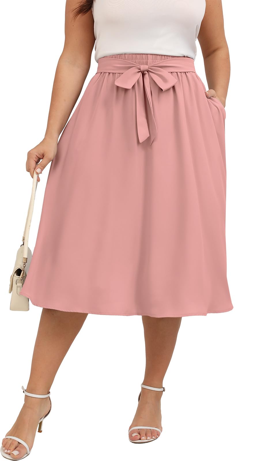 Xpenyo Womens Plus Size Midi Skirts Summer Elastic High Waisted Boho Casual Beach Flowy Swing Knee Length Skirts with Pockets