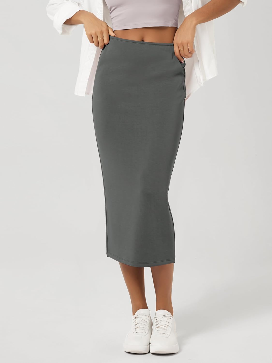 ODODOS Modal Soft Midi Skirt for Women Back Slit High Waist Casual Long Pencil Skirts with Pockets