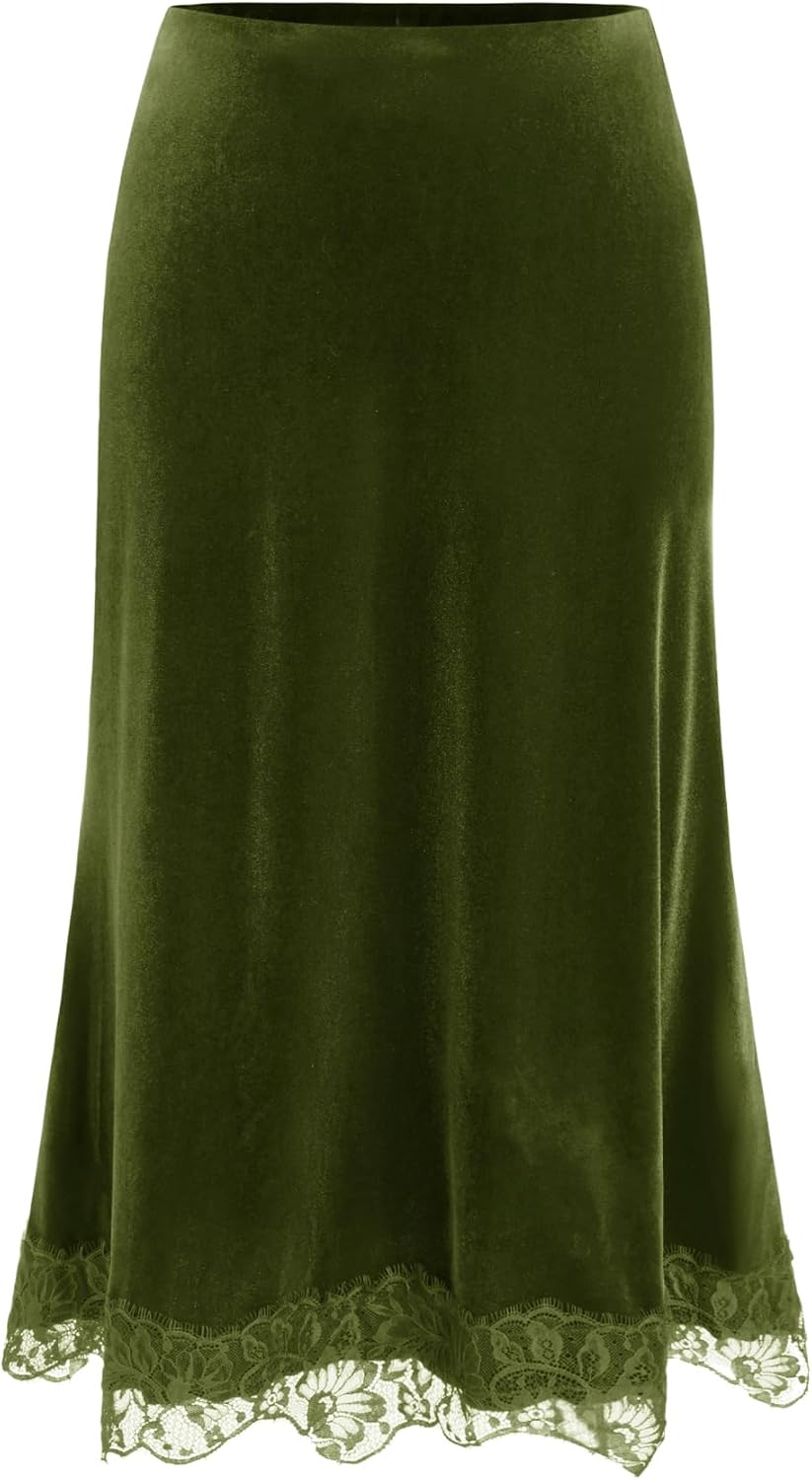 CIDER Vintage Velvet Midi Skirt for Women Lace Hem A Line Maxi Skirt