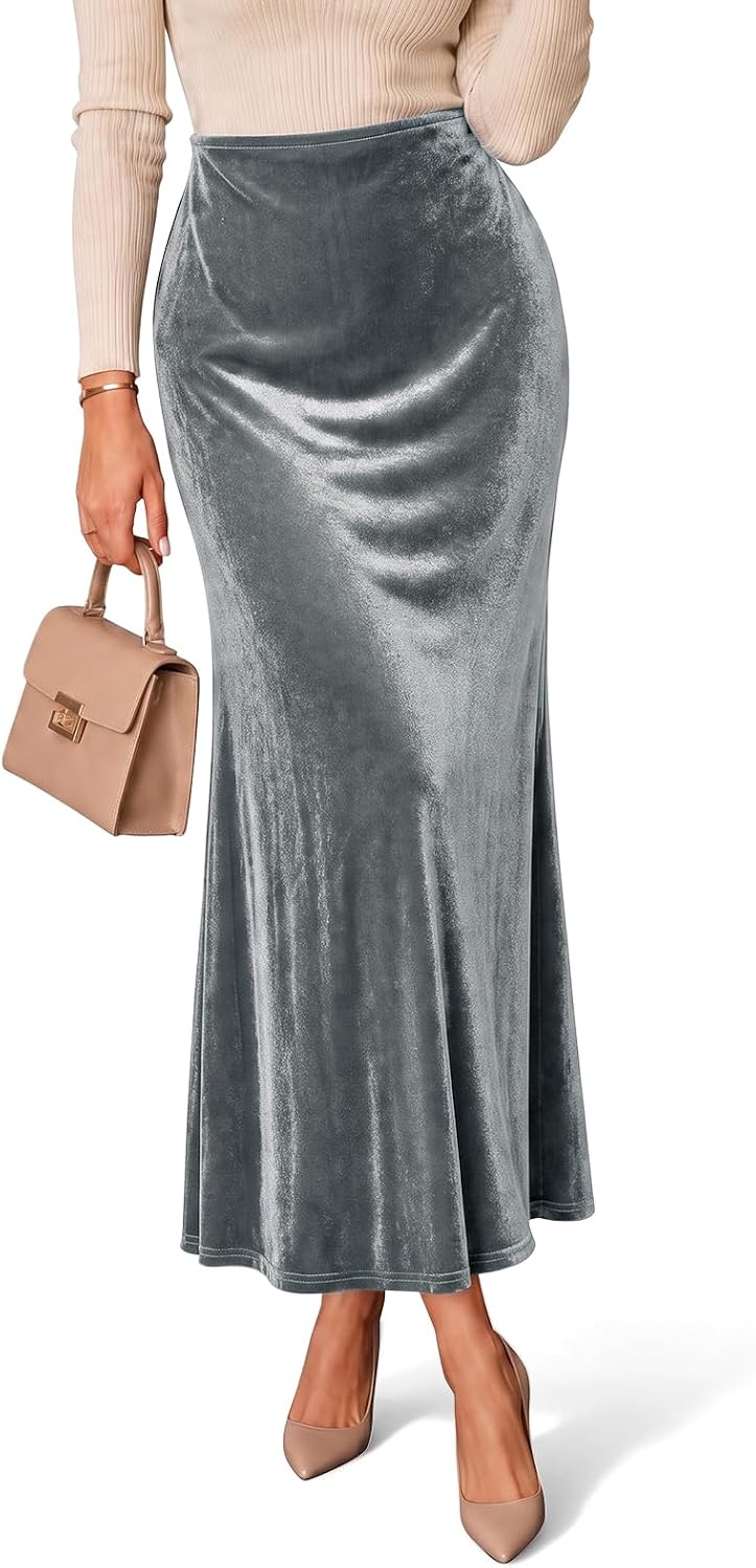 Cicy Bell Womens Velvet Maxi Skirt Fall High Waisted A-Line Long Skirts