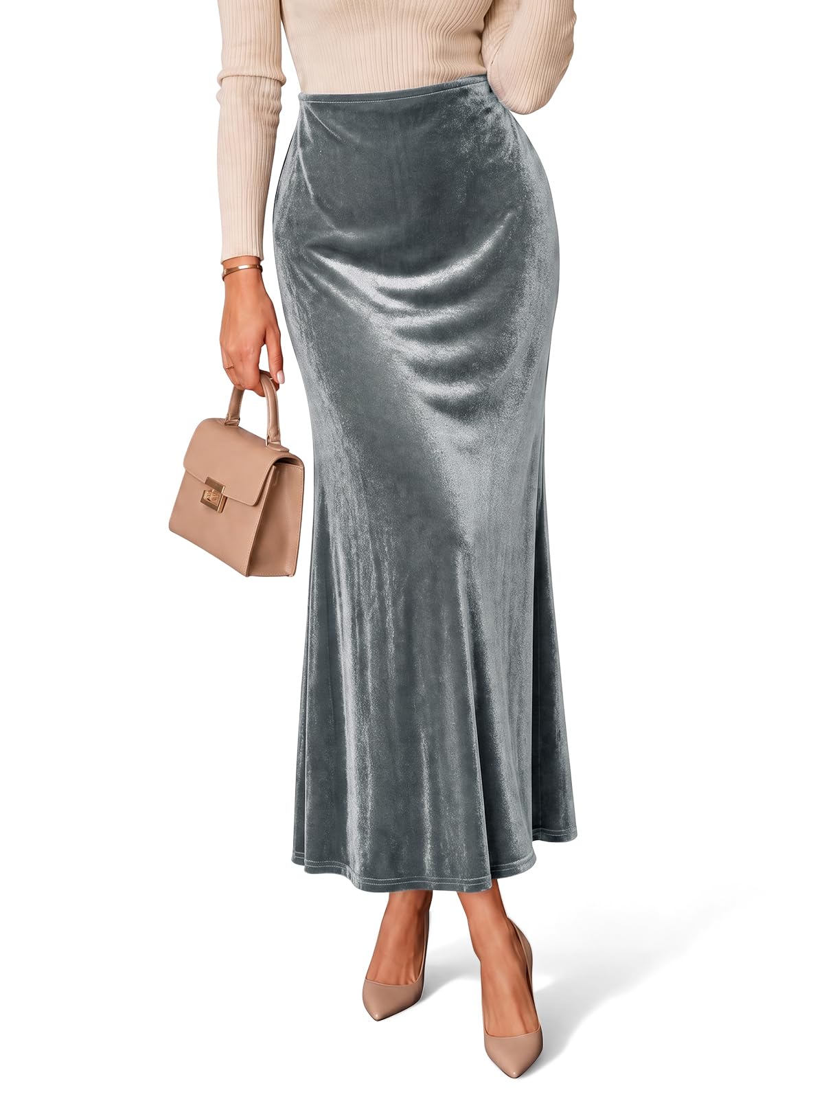 Cicy Bell Womens Velvet Maxi Skirt Fall High Waisted A-Line Long Skirts