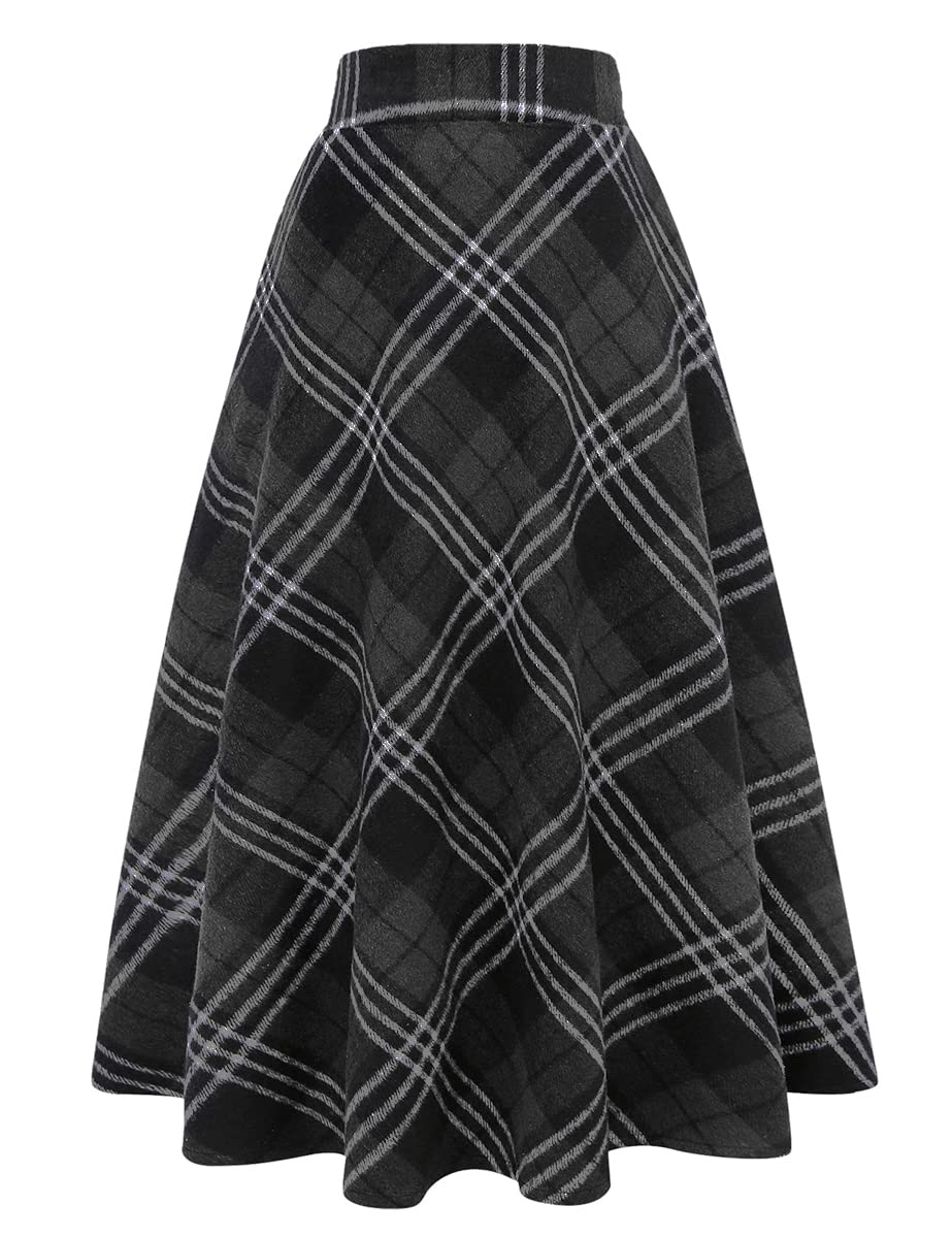 IDEALSANXUN Womens Plaid Wool Skirts Elastic Waist A-Line Pleated Tartan Long Skirts